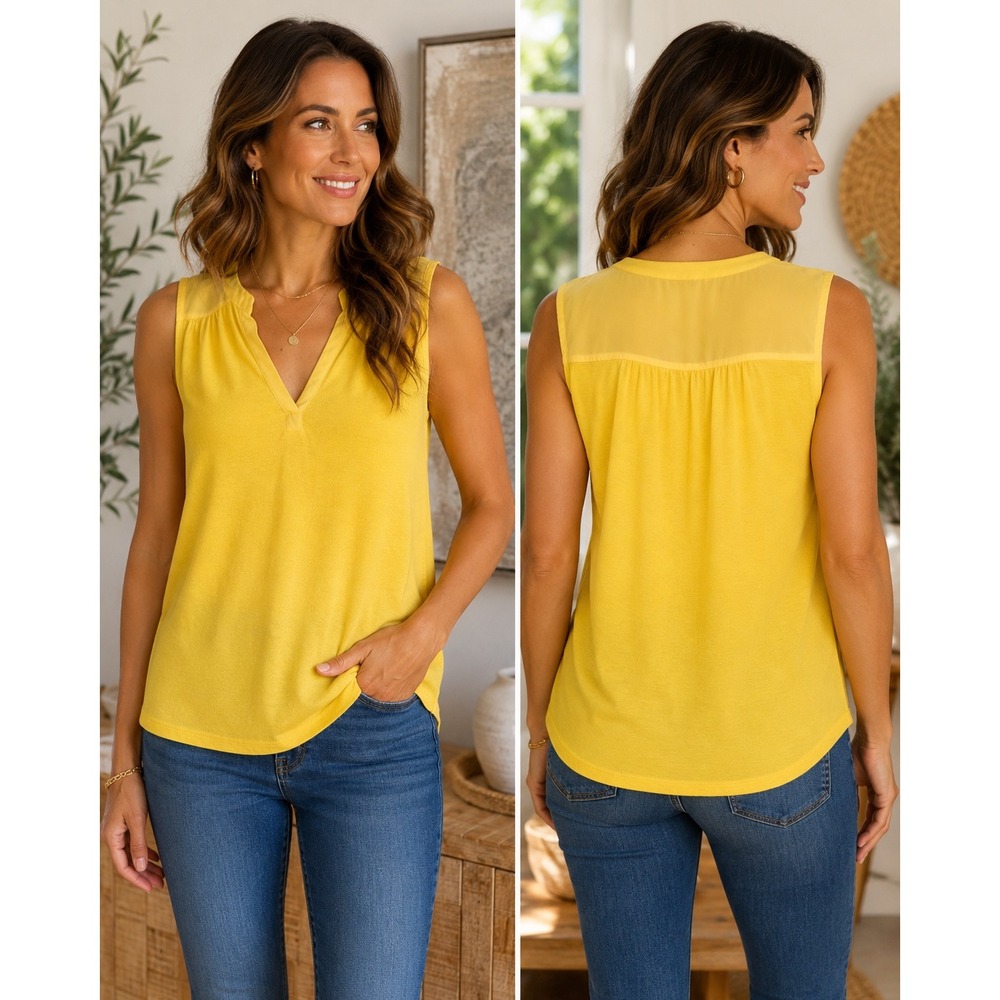 41 Hawthorn Top Sleeveless Yellow Sheer Yoke Split Neck Casual Blouse Large